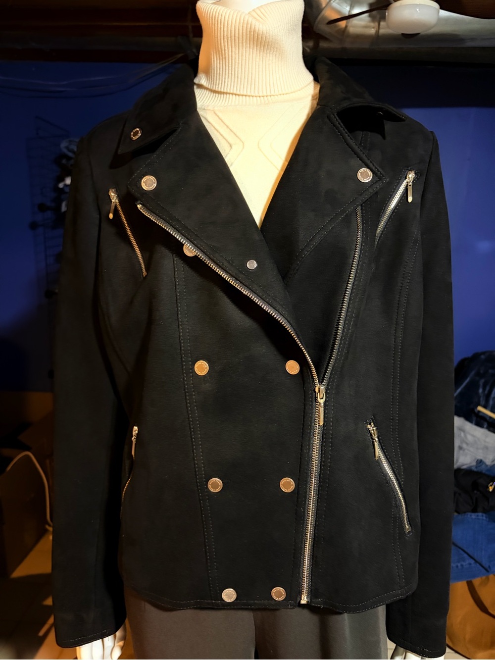 Women’s White House Black Market Black Faux Suede Zip Moto Jacket  Size 16  EUC